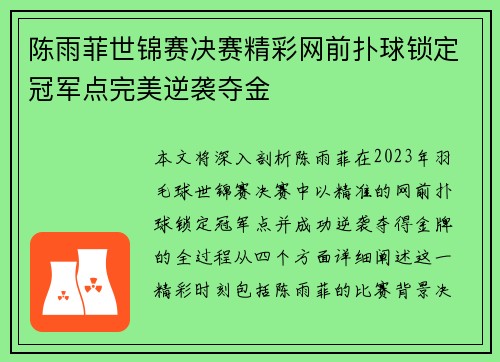陈雨菲世锦赛决赛精彩网前扑球锁定冠军点完美逆袭夺金