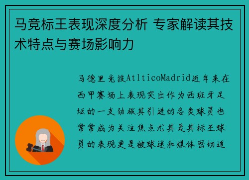 马竞标王表现深度分析 专家解读其技术特点与赛场影响力